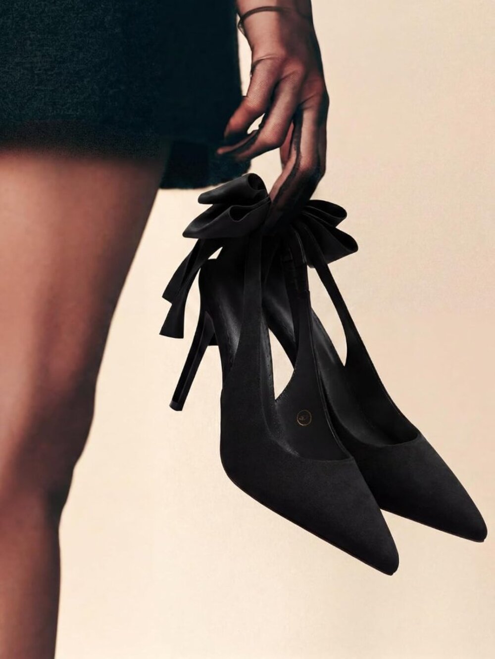 Women's Black Suede Slingback High Heels with Bow Closed Pointed Toe Dress Pumps - Picture 4 of 6